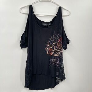 Harley Davidson Skull Graphic Cold Shoulder Lace Trim Tank Top‎
